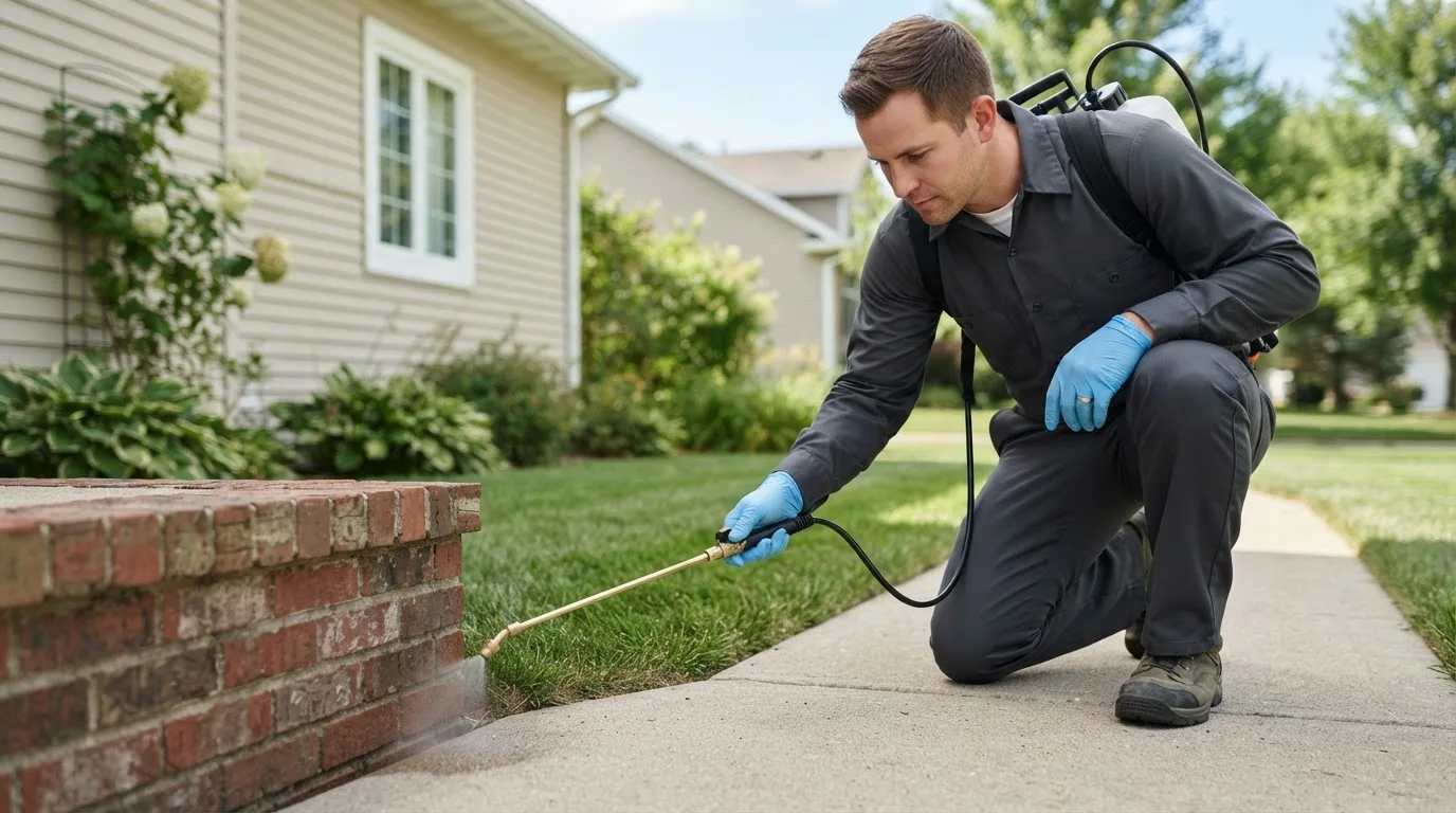 Pest control technician treating a home near Stayton, OR
